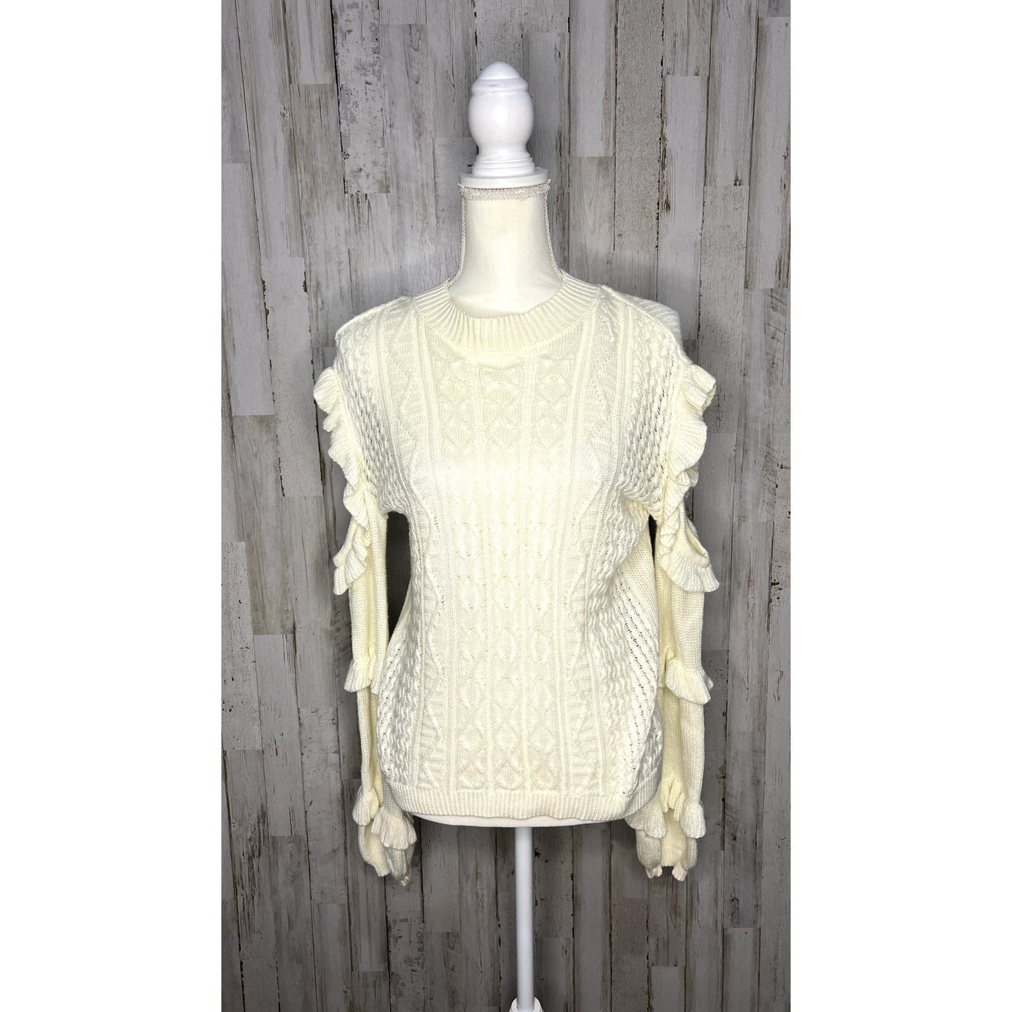 Express Women's XS Ivory Cable Knit Ruffle Sweater Pullover Casual