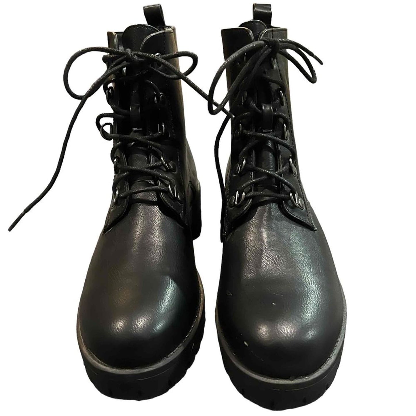 Bonnibel Black Lace-Up Chunky Sole Faux Leather Combat Boots with Buckles Size 9