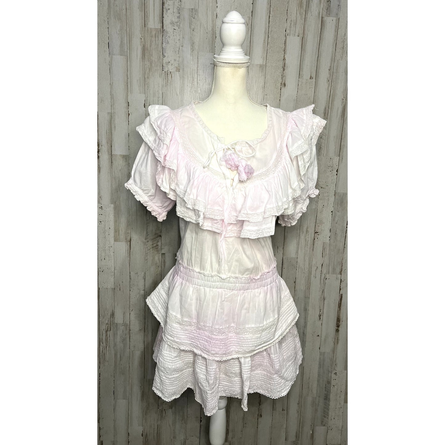 LoveShackFancy Women's XL Pink Eyelet Ruffle Mini Dress