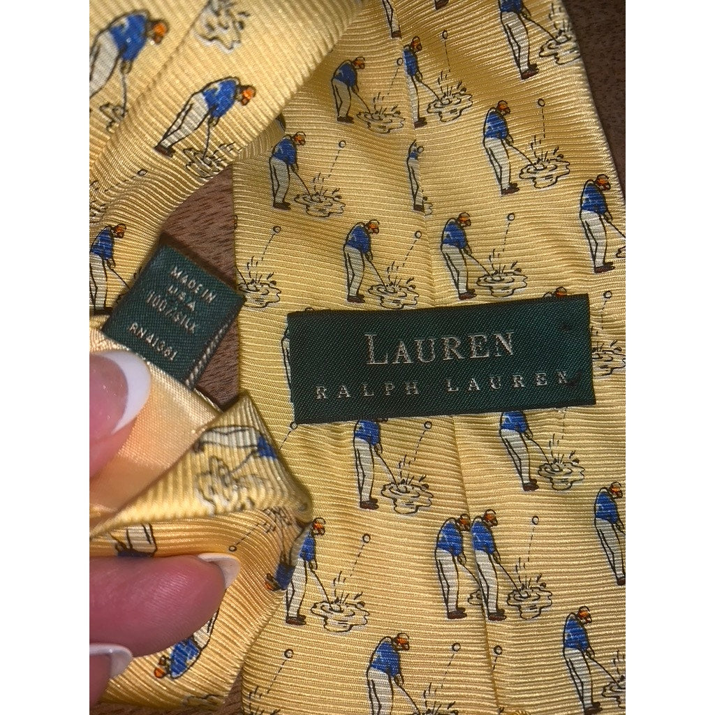 Lauren Ralph Lauren Men's Yellow Silk Tie Golfer Print Classic Style