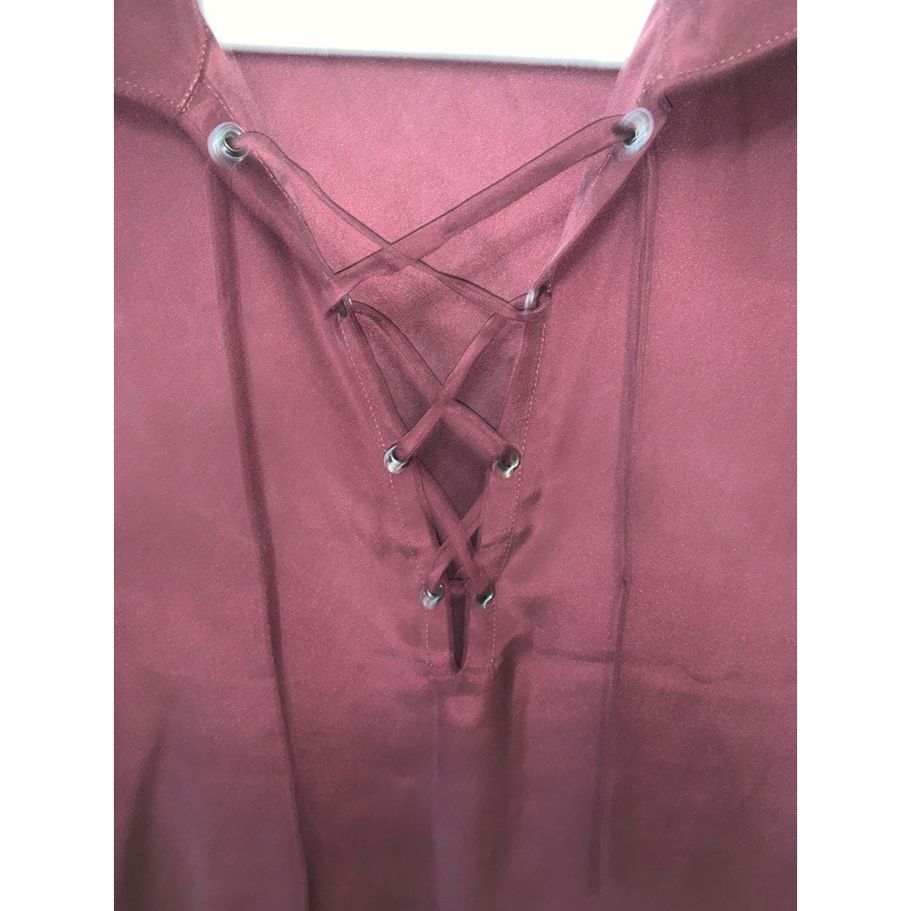 FRAME Women's Lace-Up Silk Blouse Red Collared Long Sleeve XS