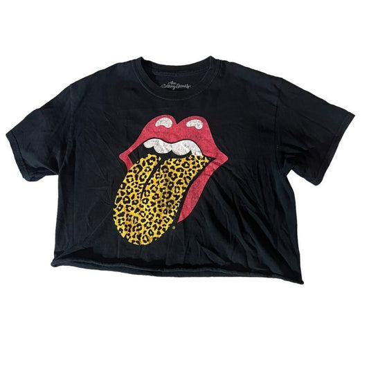 Rolling Stones Shirt Womens Size Small Black Cut-Off Leopard Print Tongue