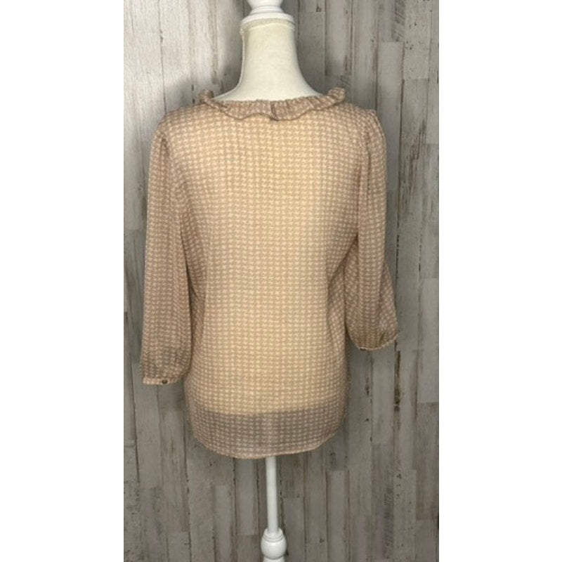Gap Women's Beige Houndstooth Ruffle Blouse Size Small Casual 3/4 Sleeve