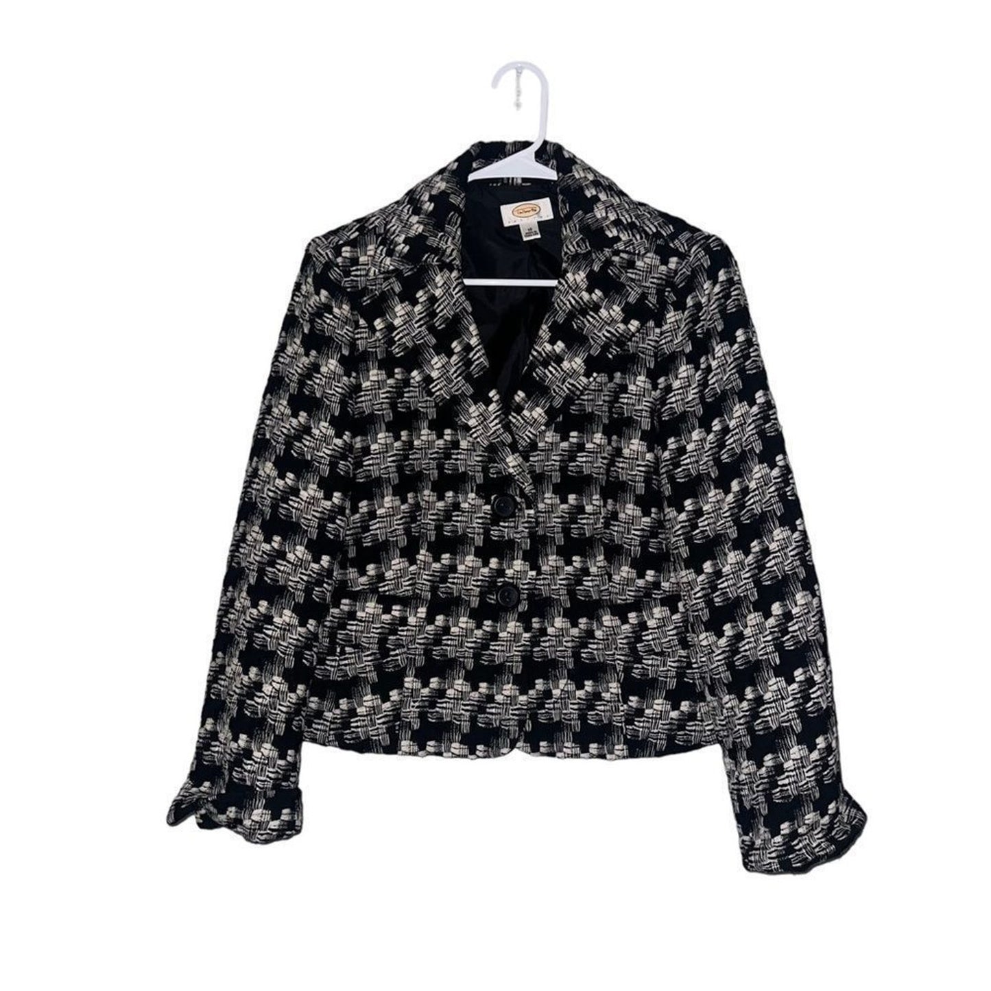 Talbots Blazer Womens Petite 12 Black & White Tweed Lined 2-Button Jacket