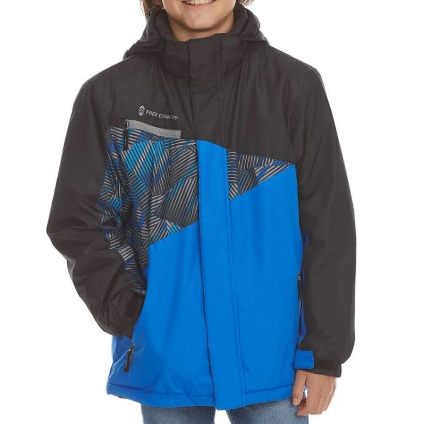 Free Country Boys Ski Snowboard Jacket XS 5/6 Blue Black Hooded Insulated