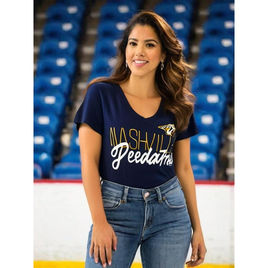 NWT NHL Nashville Predators Women's Medium Navy V-Neck Short Sleeve T-Shirt