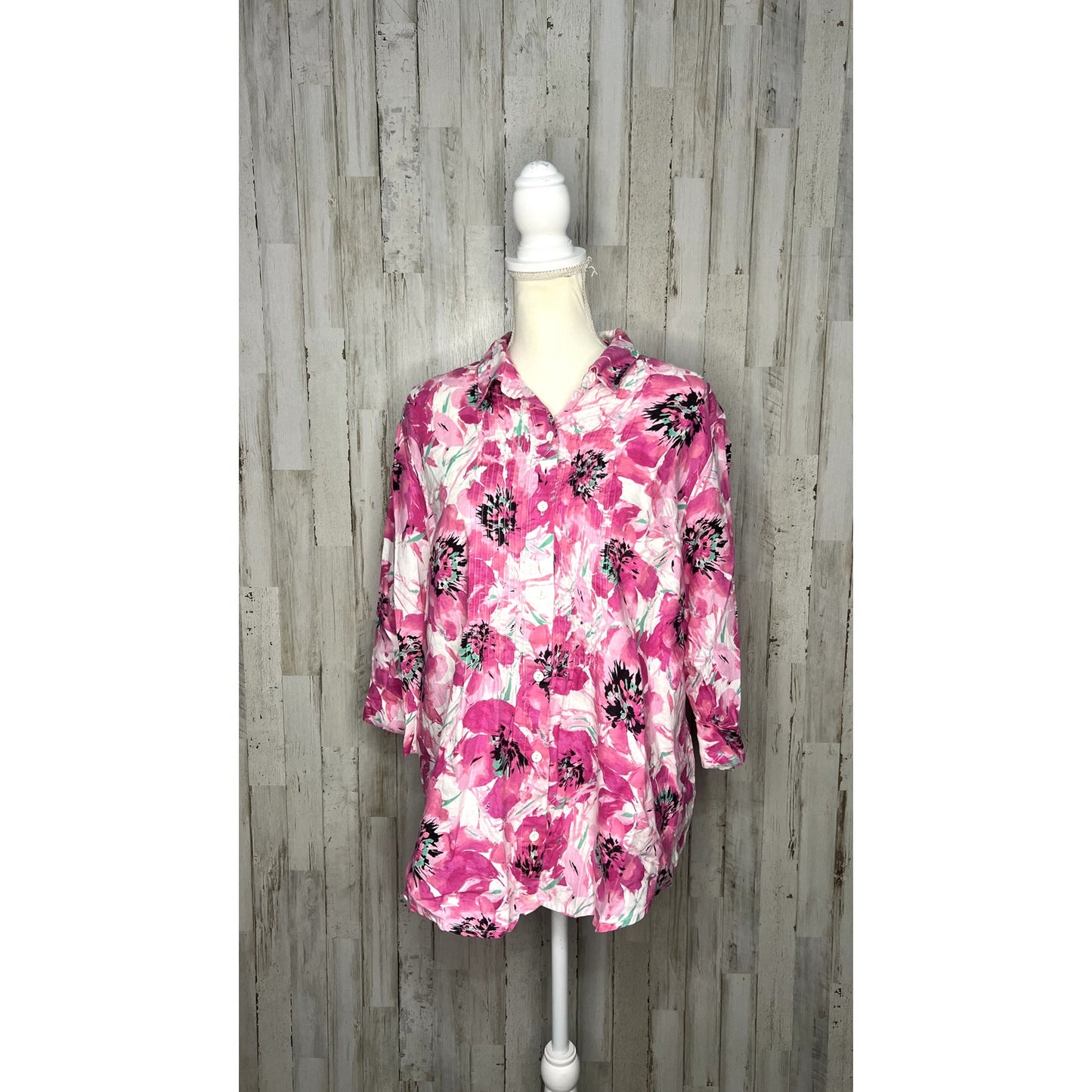 Jones New York Sport Petite Women's Large Pink Floral 3/4 Sleeve Blouse