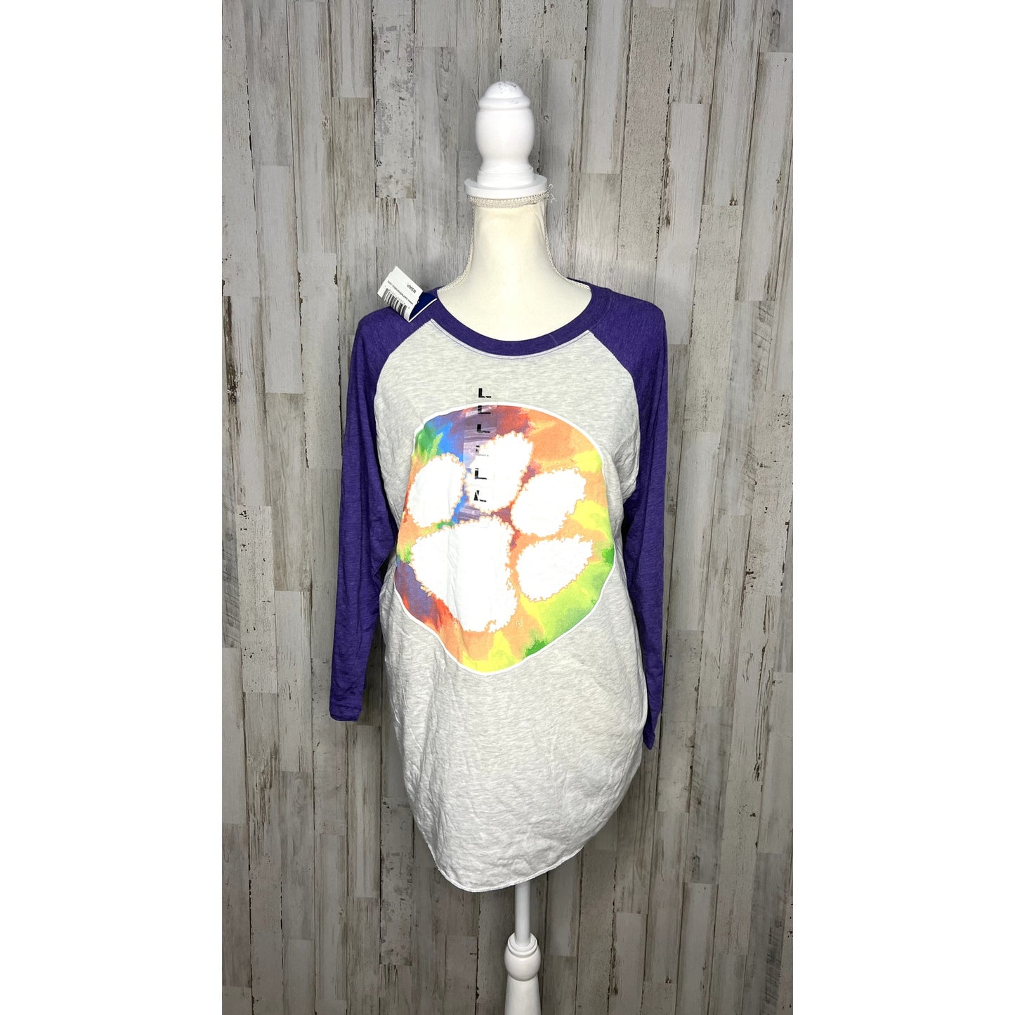 NWT Clemson Tigers Women's Large Purple/Gray Tie Dye Logo Graphic Raglan T-Shirt