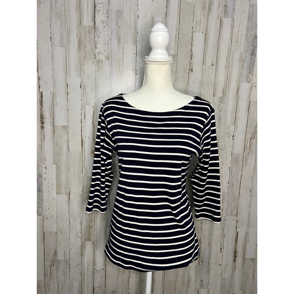 L.L.Bean Women's Medium Navy/White Striped 3/4 Sleeve Boat Neck Blouse