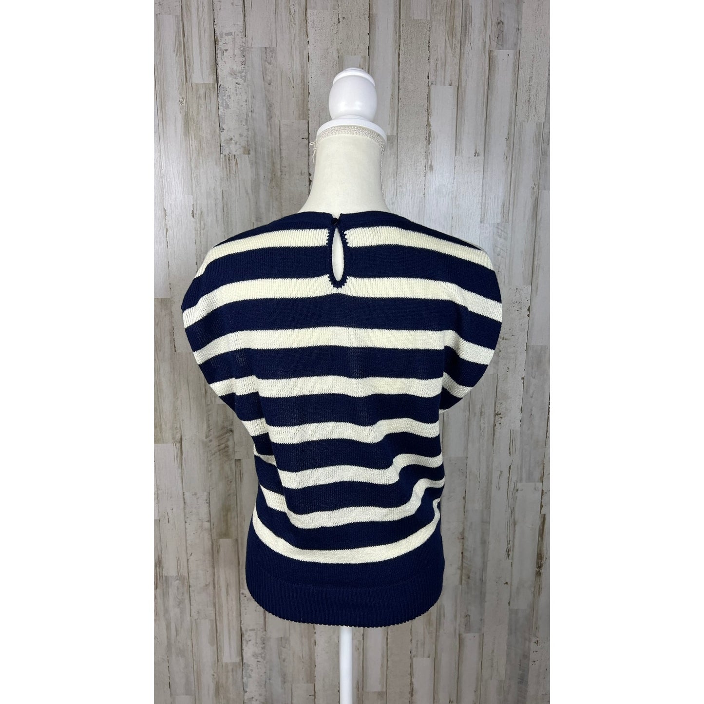 Vintage Vivanti Women's Size 12 Pullover Navy & White Striped Cap Sleeve Blouse