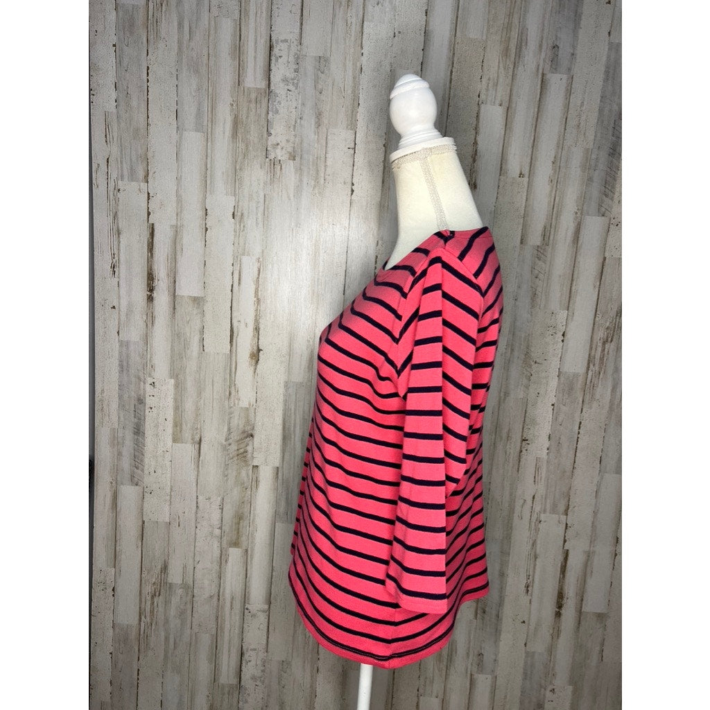 L.L. Bean Women's Medium Pink & Navy Striped 3/4 Sleeve Boat Neck Blouse