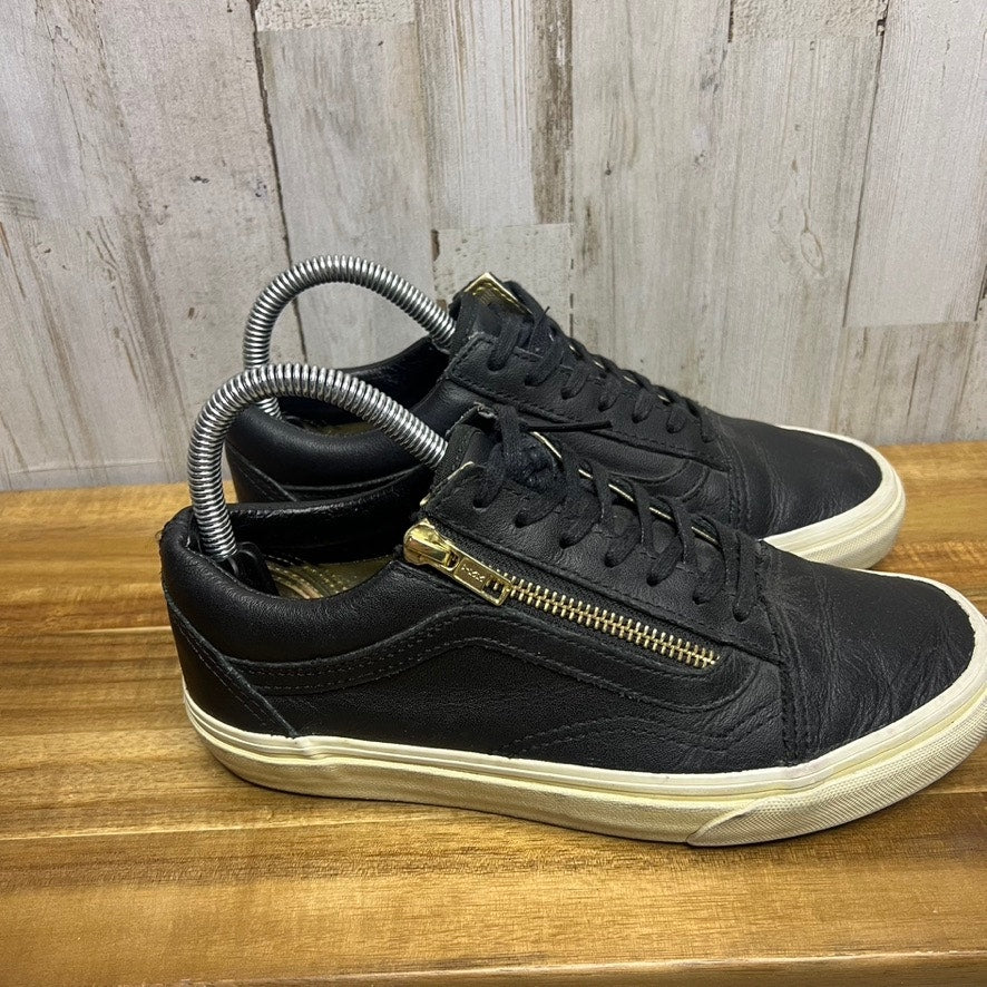 Vans Old Skool Women's Black Leather Sneakers Gold Side-Zip Size 6.5