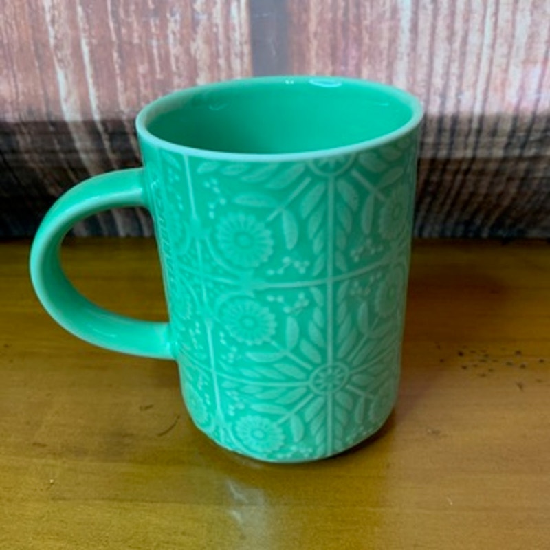 Starbucks Coffee Mug Jade Green Embossed Daisy Floral 12 oz