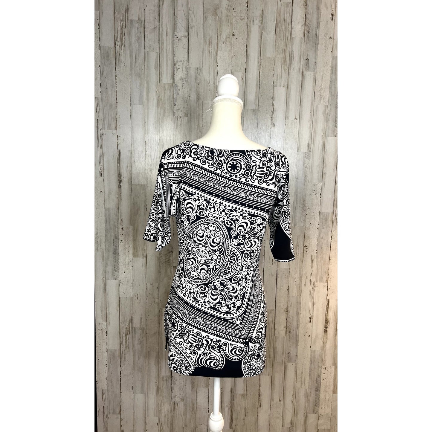 White House Black Market Women's Small 3/4 Sleeve Black Scroll Tunic Top