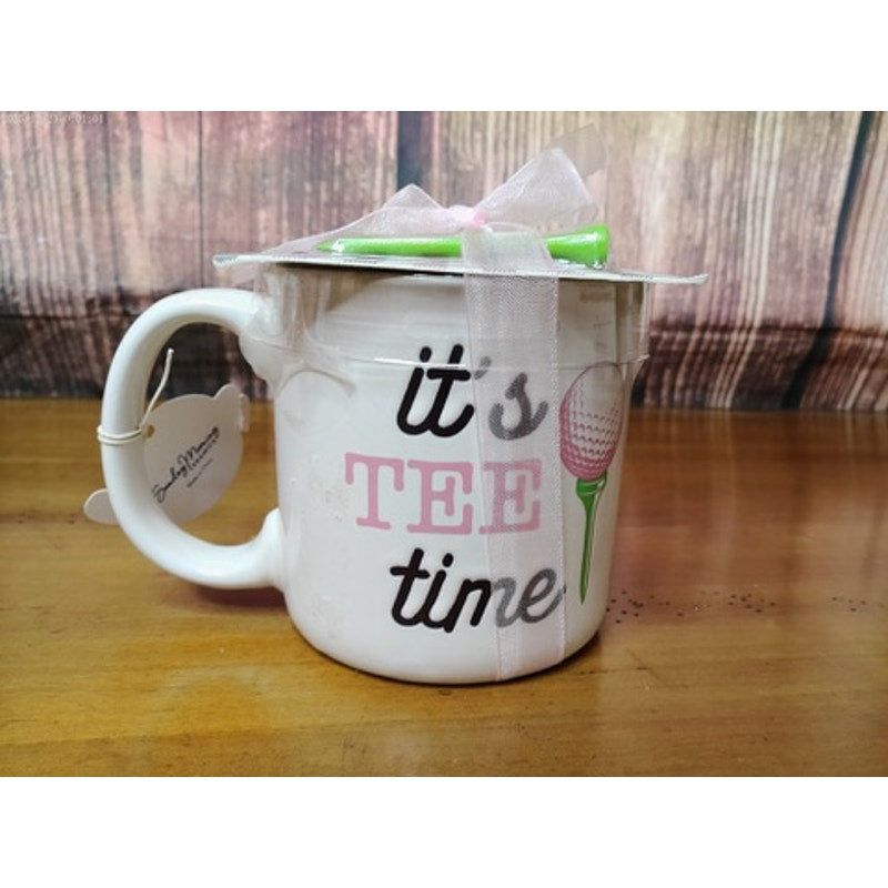 Mud Pie It's Tee Time Golf Mug White w/ Plaid Coasters NWT