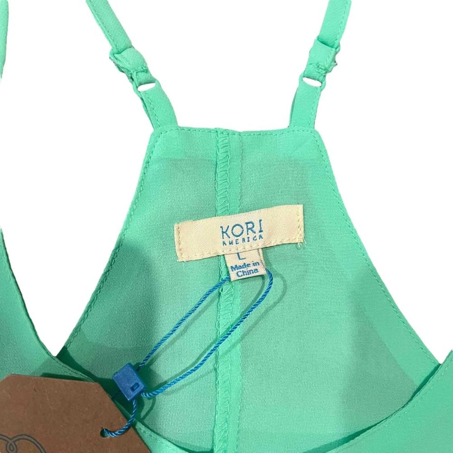 NWT KORI America Tank Top Womens Large Bright Green Racerback Boho Tassel Hem