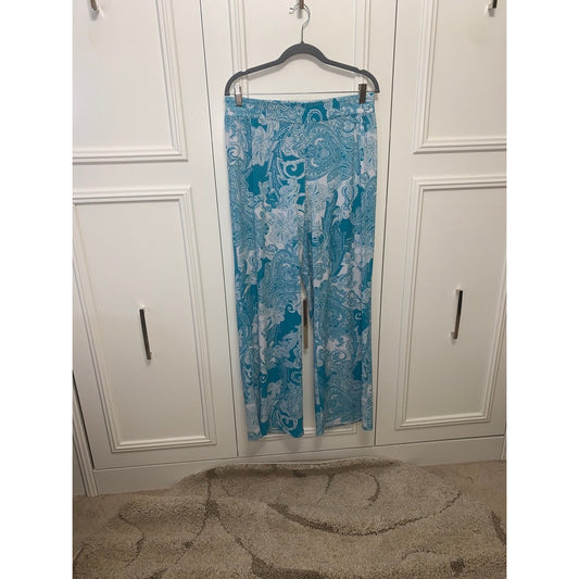 IMAN Women's XL Wide-Leg Paisley Pull-On Pants Blue Casual Shimmer