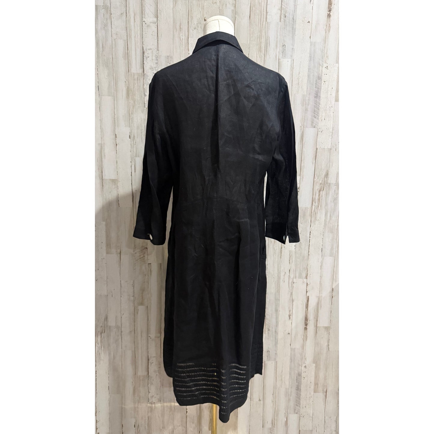 Rena Lange 100% Linen Black Button Front Midi Shirt Dress Size 12