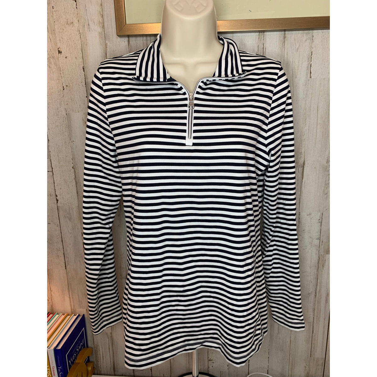 LOHLA Sport Womens Pullover Top Medium Navy White Striped 1/4 Zip Mock Neck
