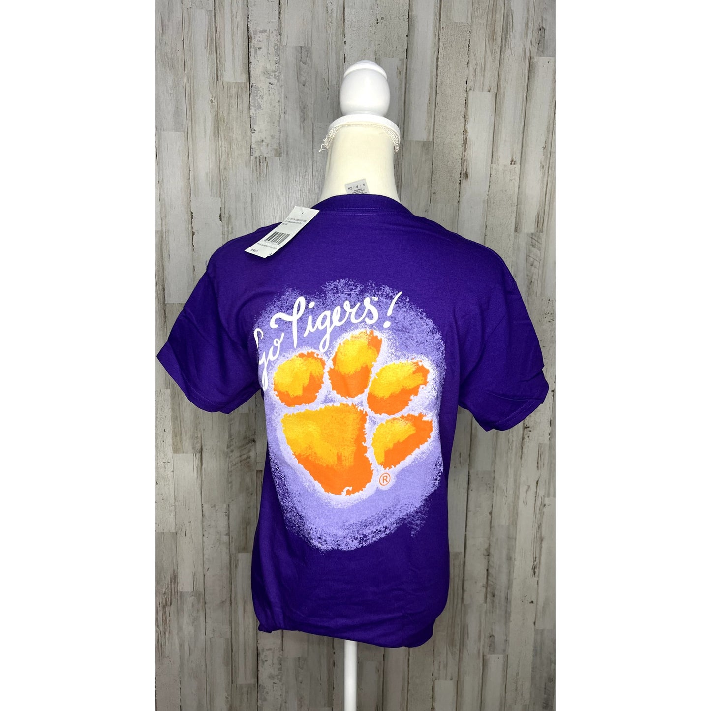 NWT Clemson Tigers Unisex Small Purple Paw Logo "Go Tigers" Short Sleeve T-Shirt