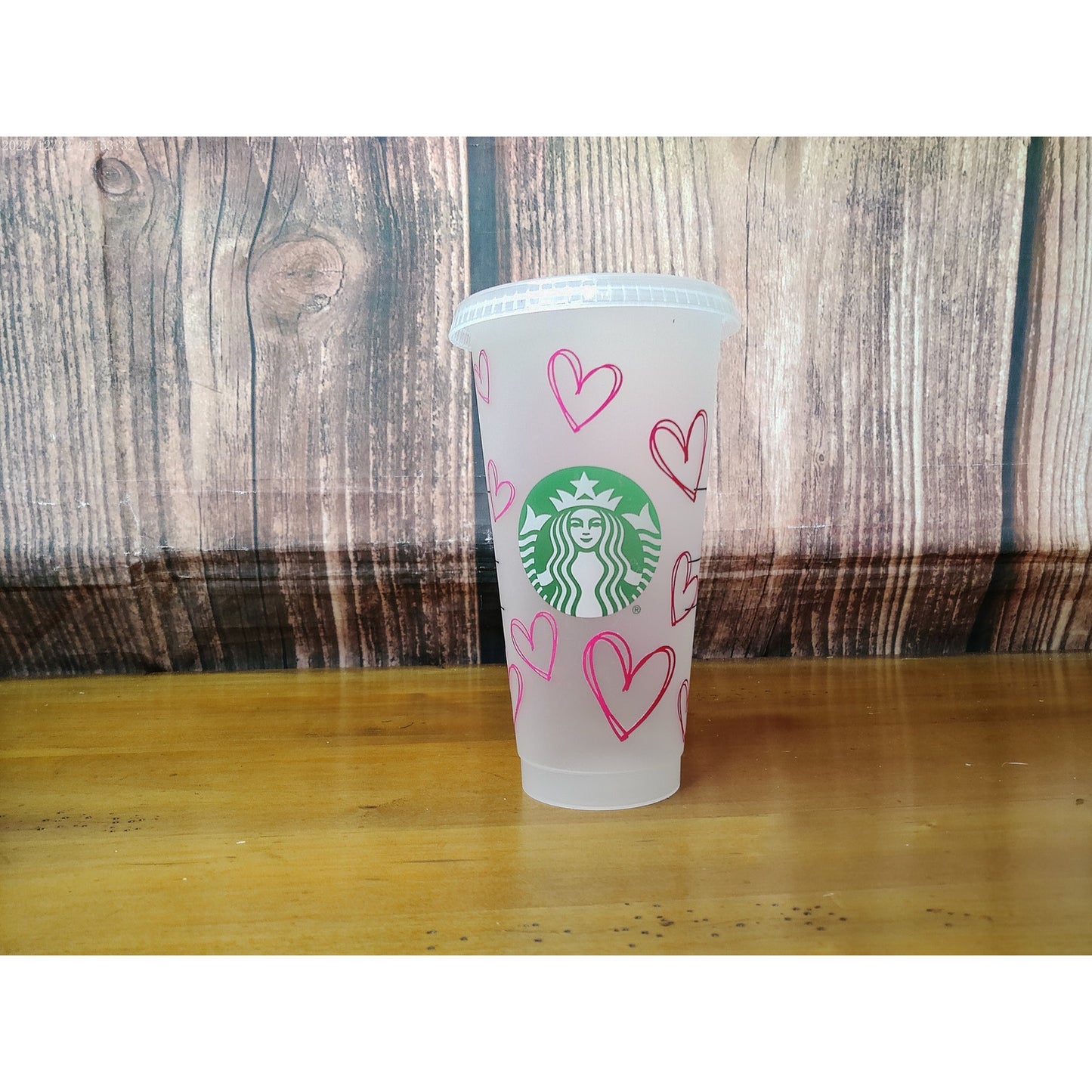 Starbucks Reusable Cold Cup Pink Hearts w/ Lid 24 oz NO STRAW