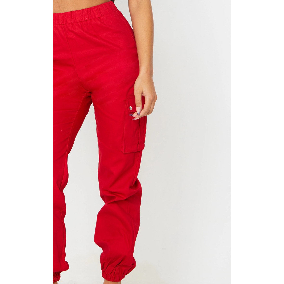 PrettyLittleThing Women's Red Cargo Jogger Pants Size 6 Casual Elastic Waist