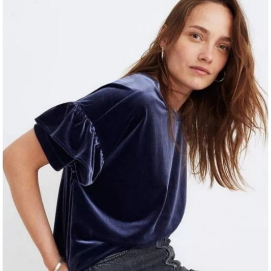 Madewell Women's XS Blue Velvet Ruffle Sleeve Tee Casual Fall Top