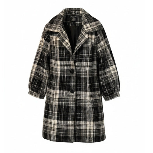 George Coat Womens Medium Wool Black/White Plaid Longline Overcoat Button Front