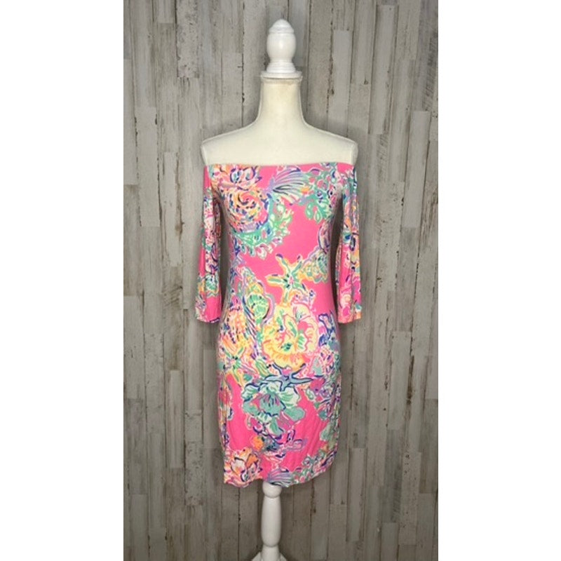 Lilly Pulitzer XXS Pink Off-The-Shoulder Dress Coral Reef Print Casual