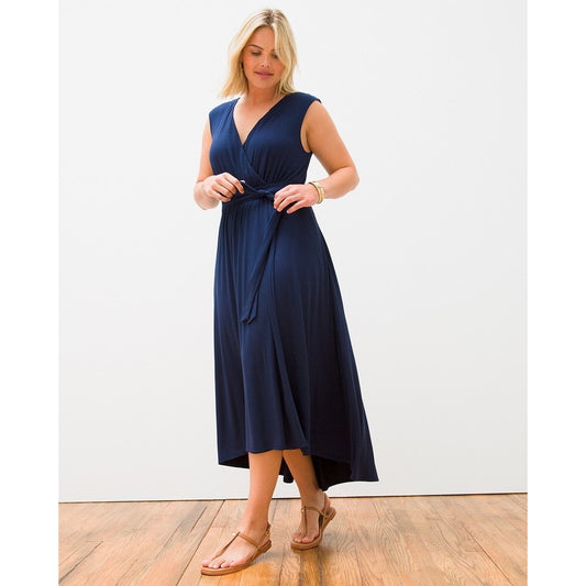 Soma Weekend Women's Medium Blue Sleeveless Soft Jersey Faux Wrap Maxi Dress