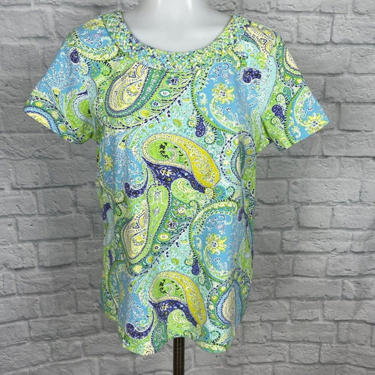 Caribbean Joe Women's Blue & Green Tropical Paisley Short Sleeve Top Size XL