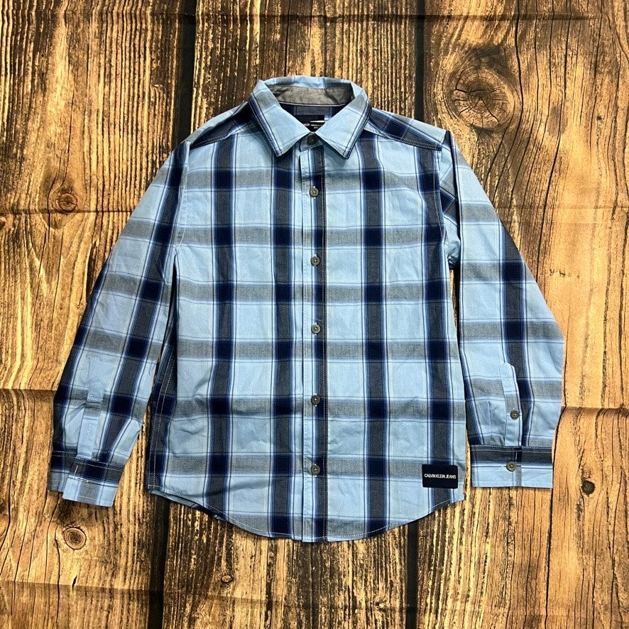 NWT Calvin Klein Boys' Plaid Long Sleeve Button-Up Shirt Blue Size Small