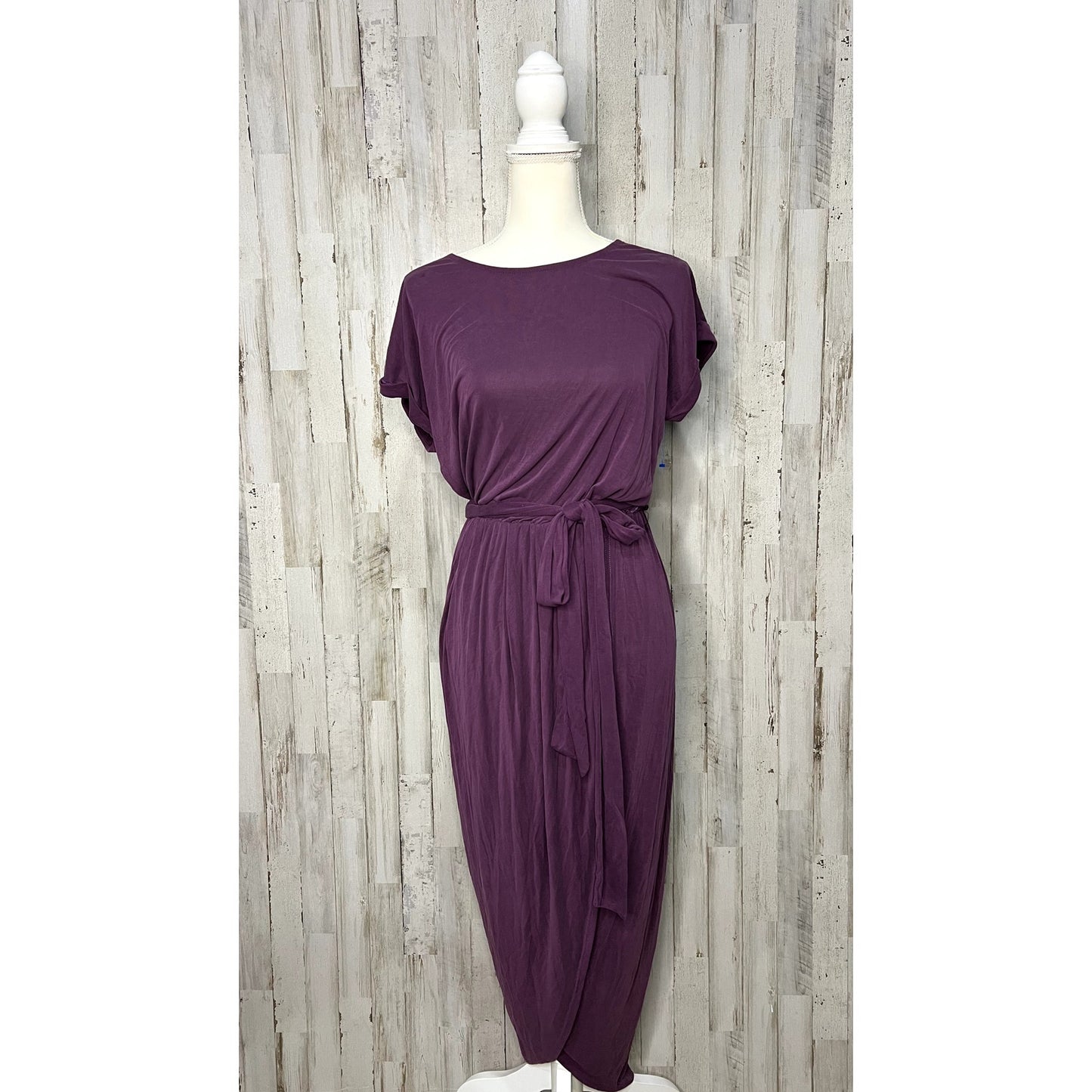 Lulus Women's Small Purple Faux Wrap Belted Midi Dress Short Sleeve Casual