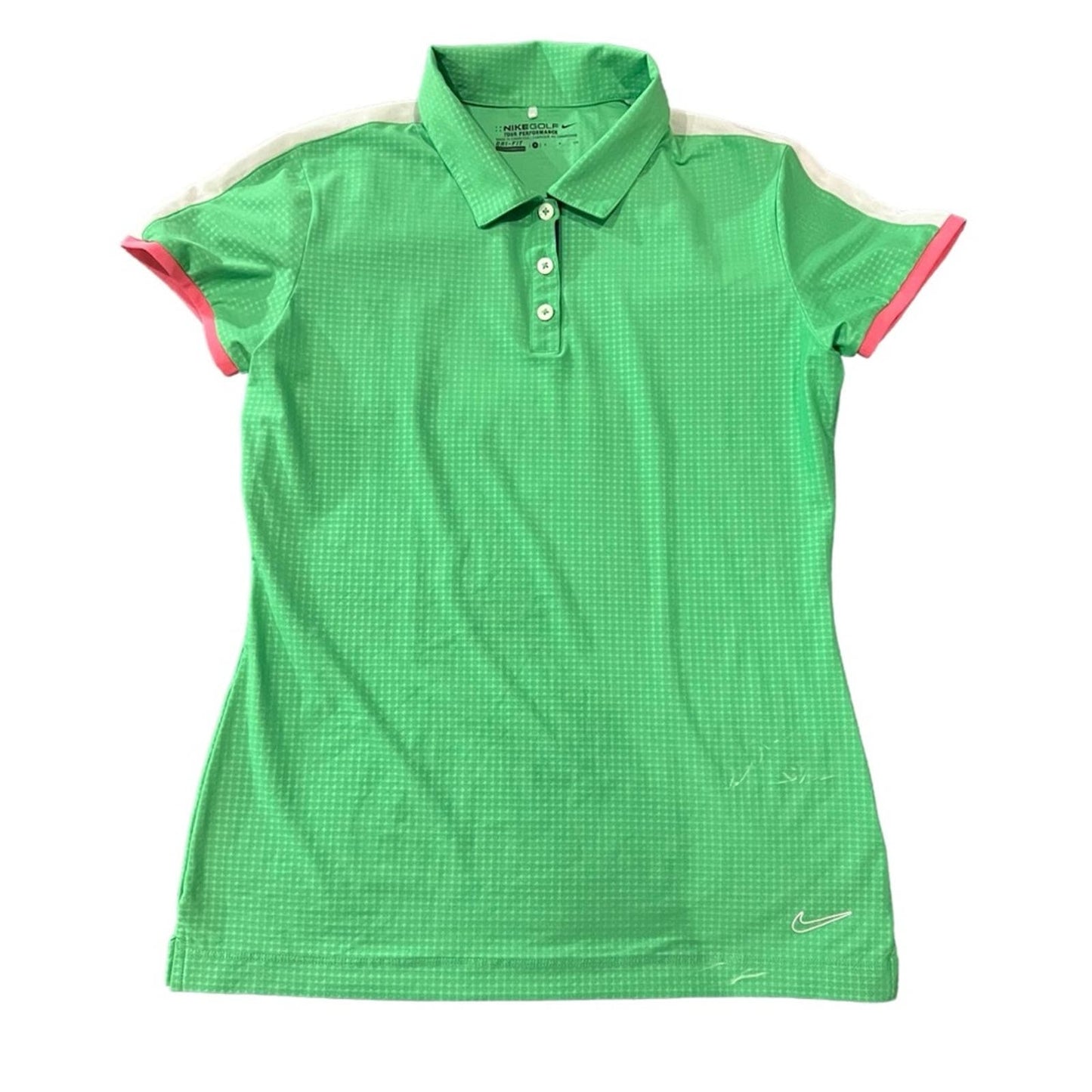 Nike Golf Polo Women's Performance Green Geometric STRETCH Vented Pink Trim