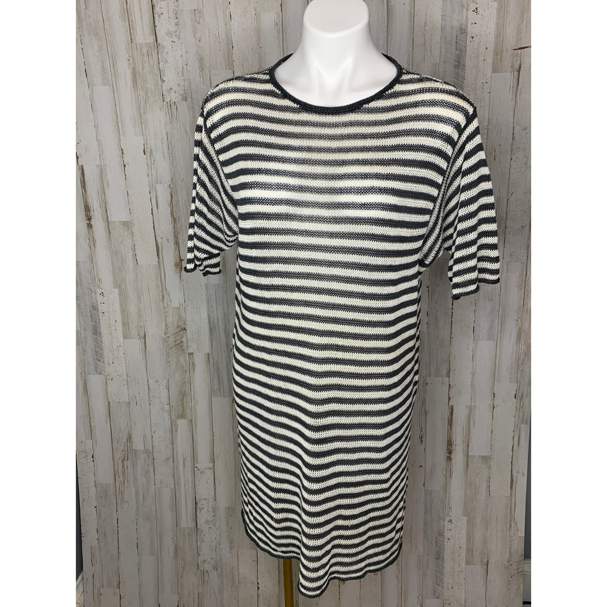 Eileen Fisher Dress Womens Small Black Ivory Striped Shift Knee Short