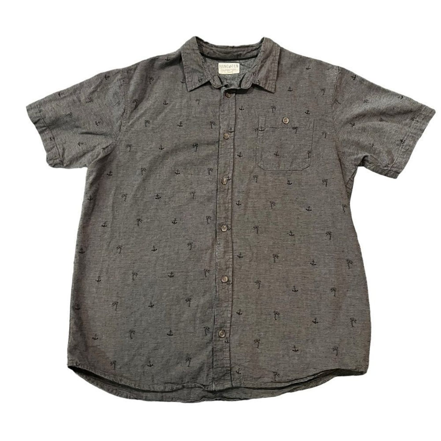 Hang Ten Button-Up Shirt Men's XL Gray Short Sleeve Palm Tree Print Pocket
