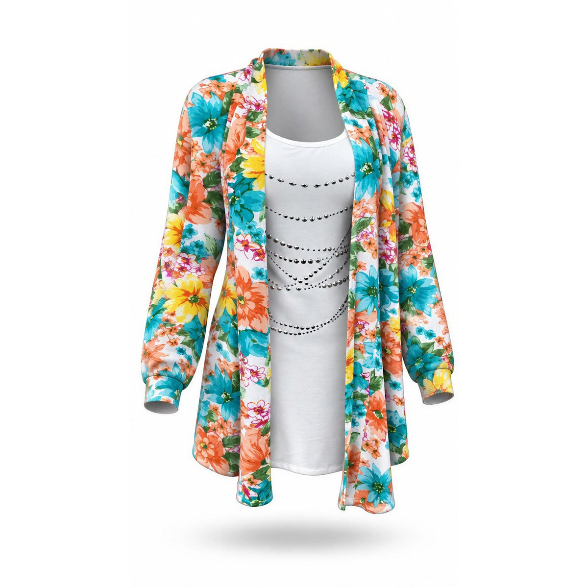Cathy Daniels Top Womens Plus 1X Multicolor Floral  Open Front Tunic