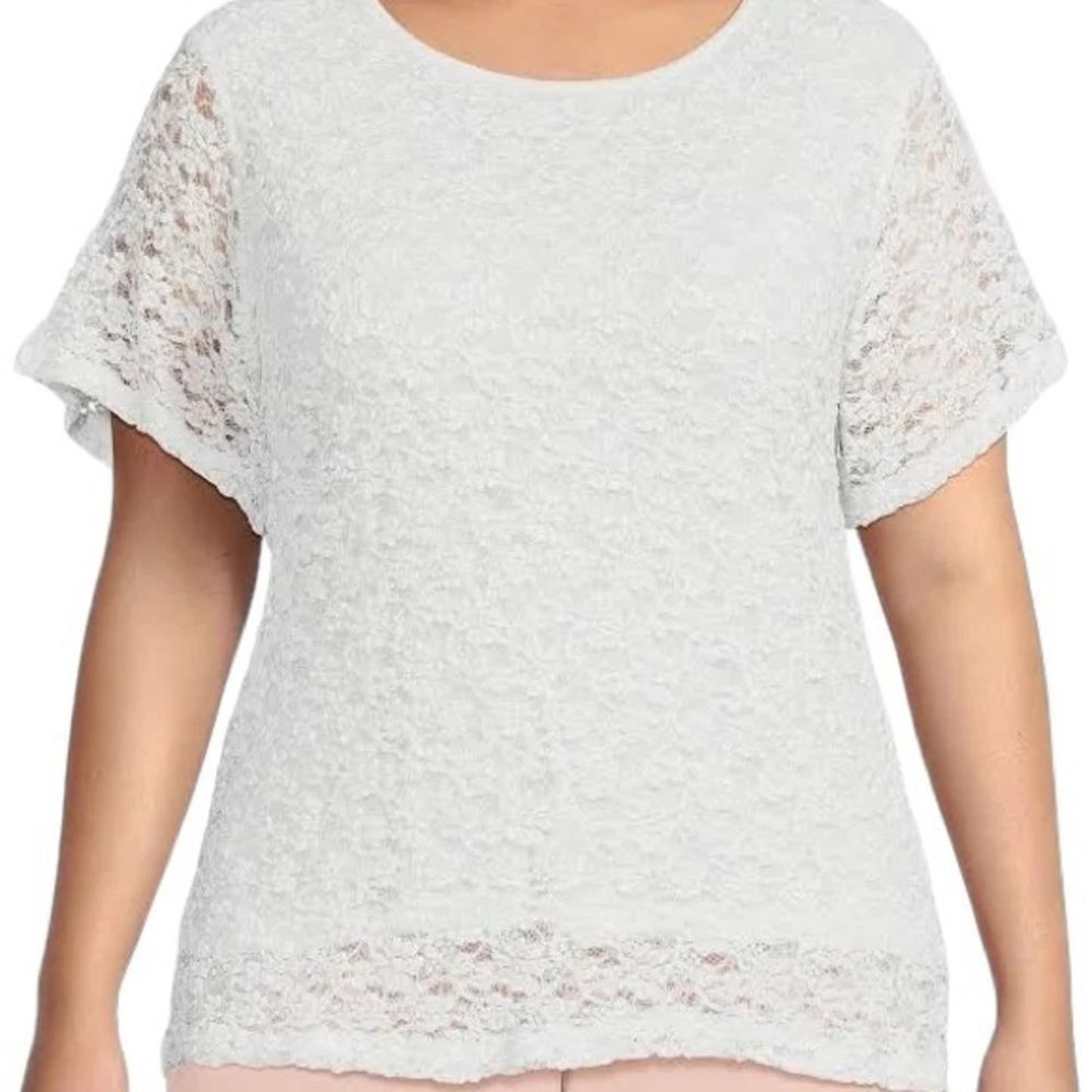 Calvin Klein Blouse Womens XL Ivory Floral Lace Short Sleeve Lined Top