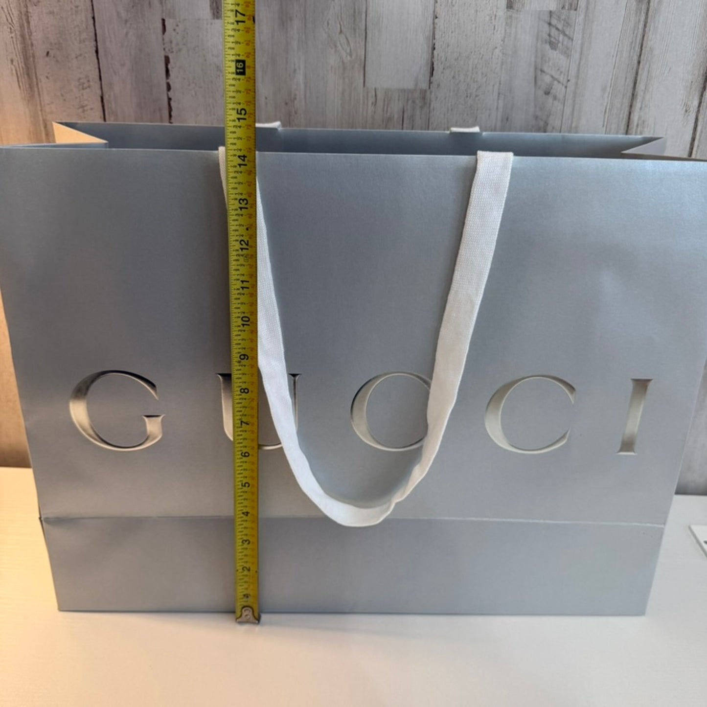Gucci Large Metallic Silver Shopping Gift Bag White Ribbon Handles