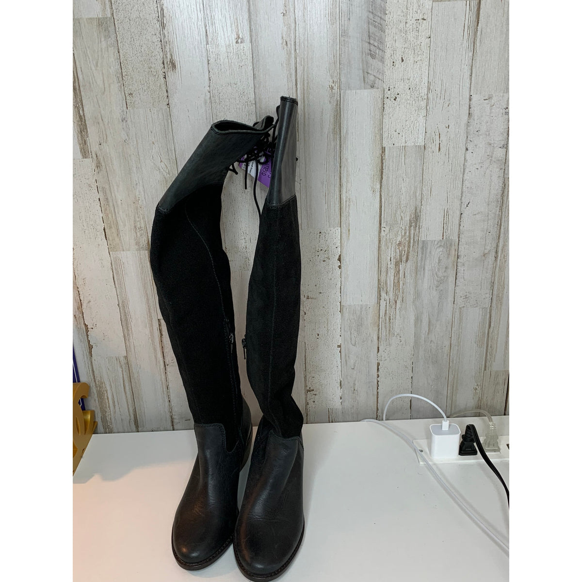 Lucky Brand Riding Boots Womens Size 6 Black Knee High Side Zip Block Heel