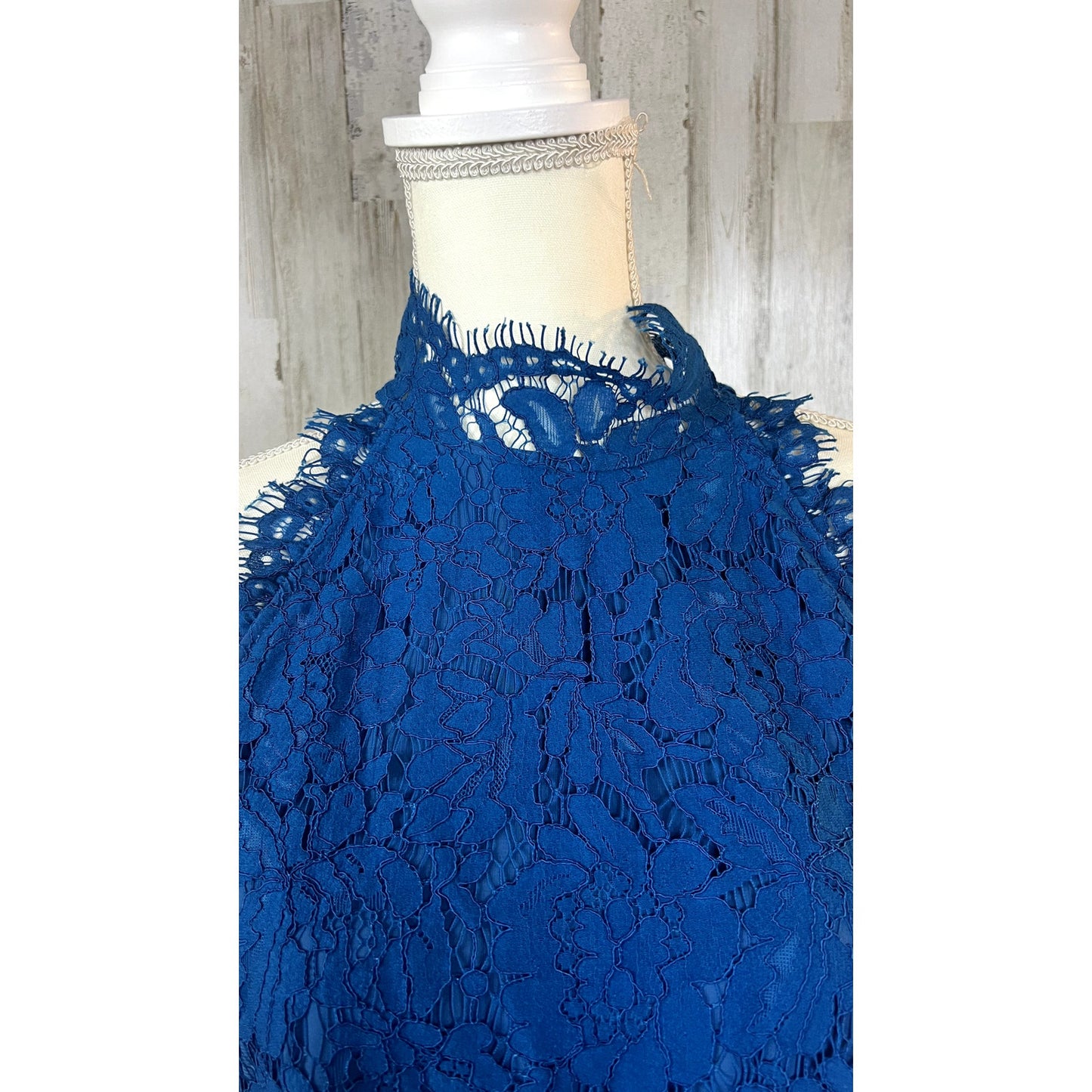 Diane Von Furstenberg Women's Small Jemmie Blue Lace High Neck Sleeveless Top