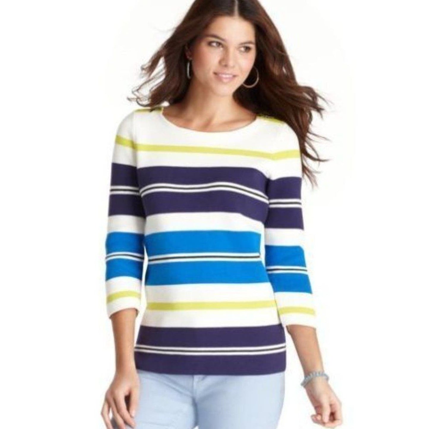 LOFT Blue Sporty Stripe Zip Shoulder 3/4 Slv Knit Sweater Shirt