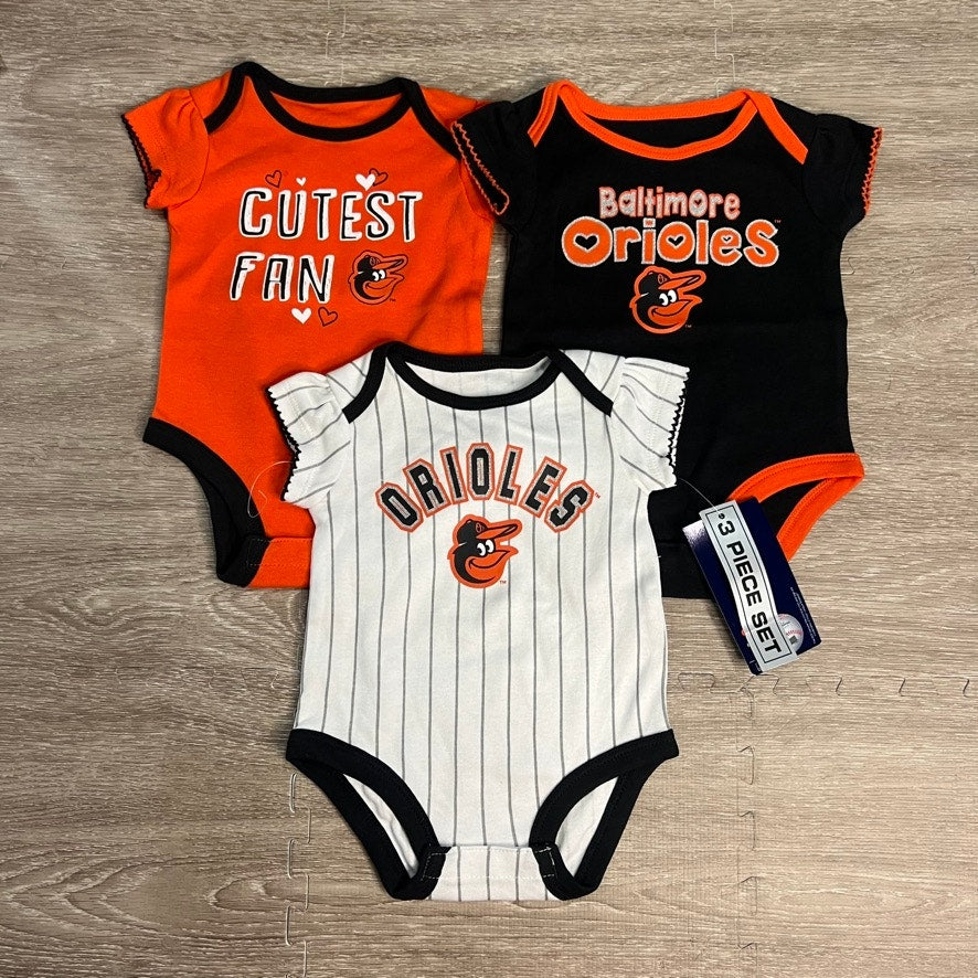 NWT Baltimore Orioles Infant 3-Pack Bodysuit Set Multicolor 0/3M