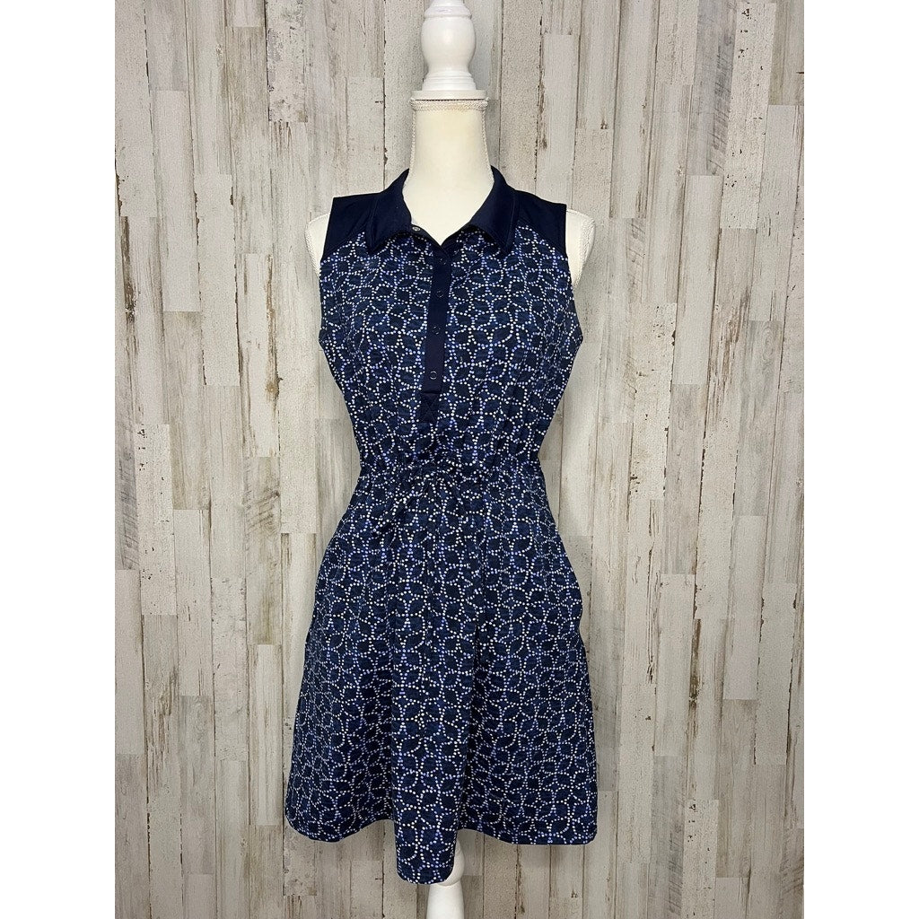 Talbots Petites Sleeveless Geometric Blue Knee-Length Dress Size Medium