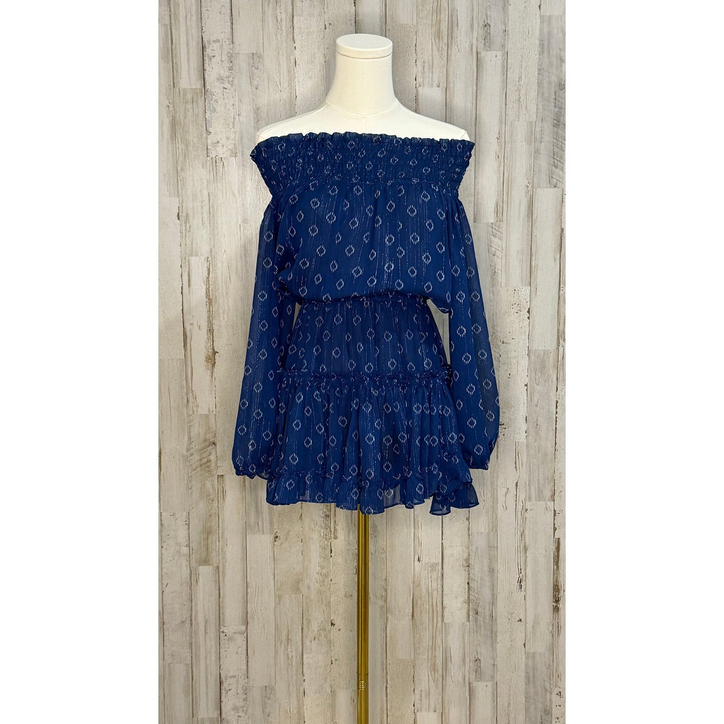 Misa Los Angeles Women's XS Blue Off Shoulder Mini Dress Long Sleeve