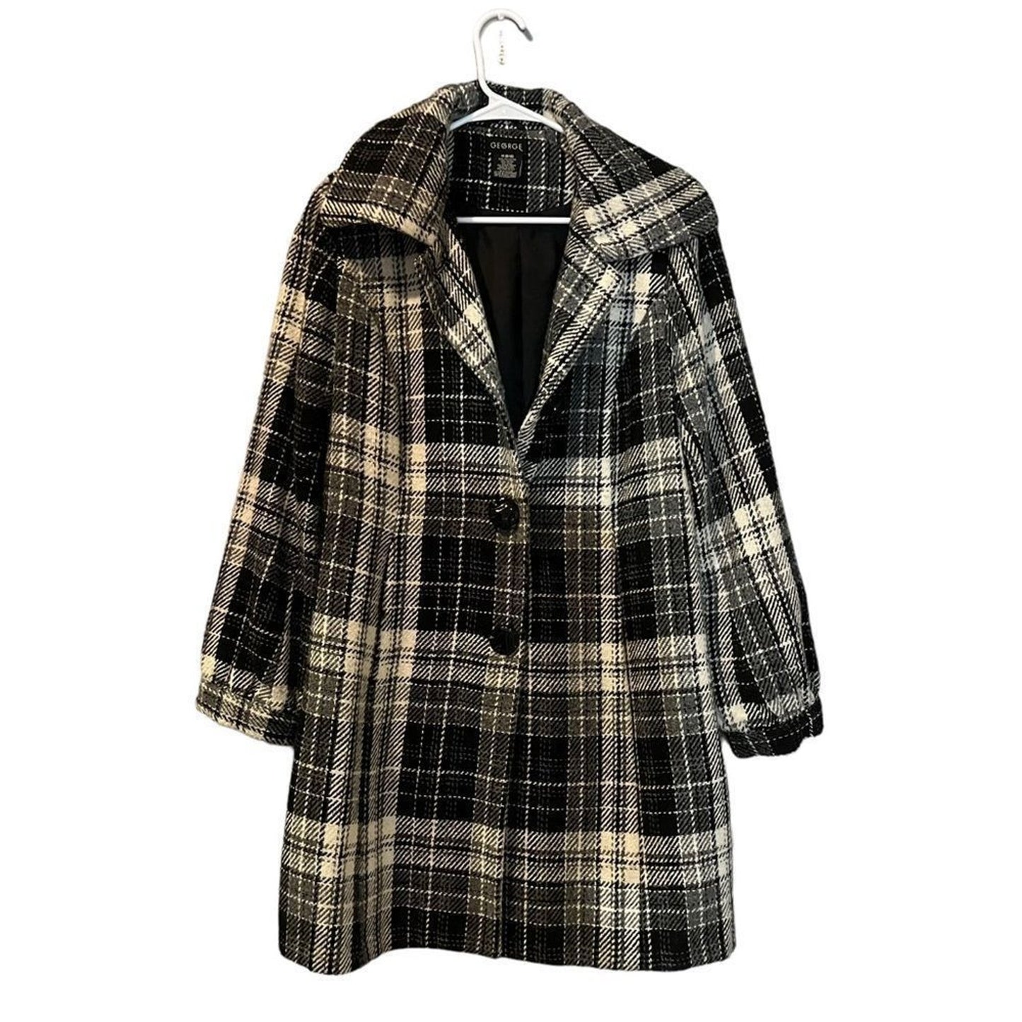 George Coat Womens Medium Wool Black/White Plaid Longline Overcoat Button Front