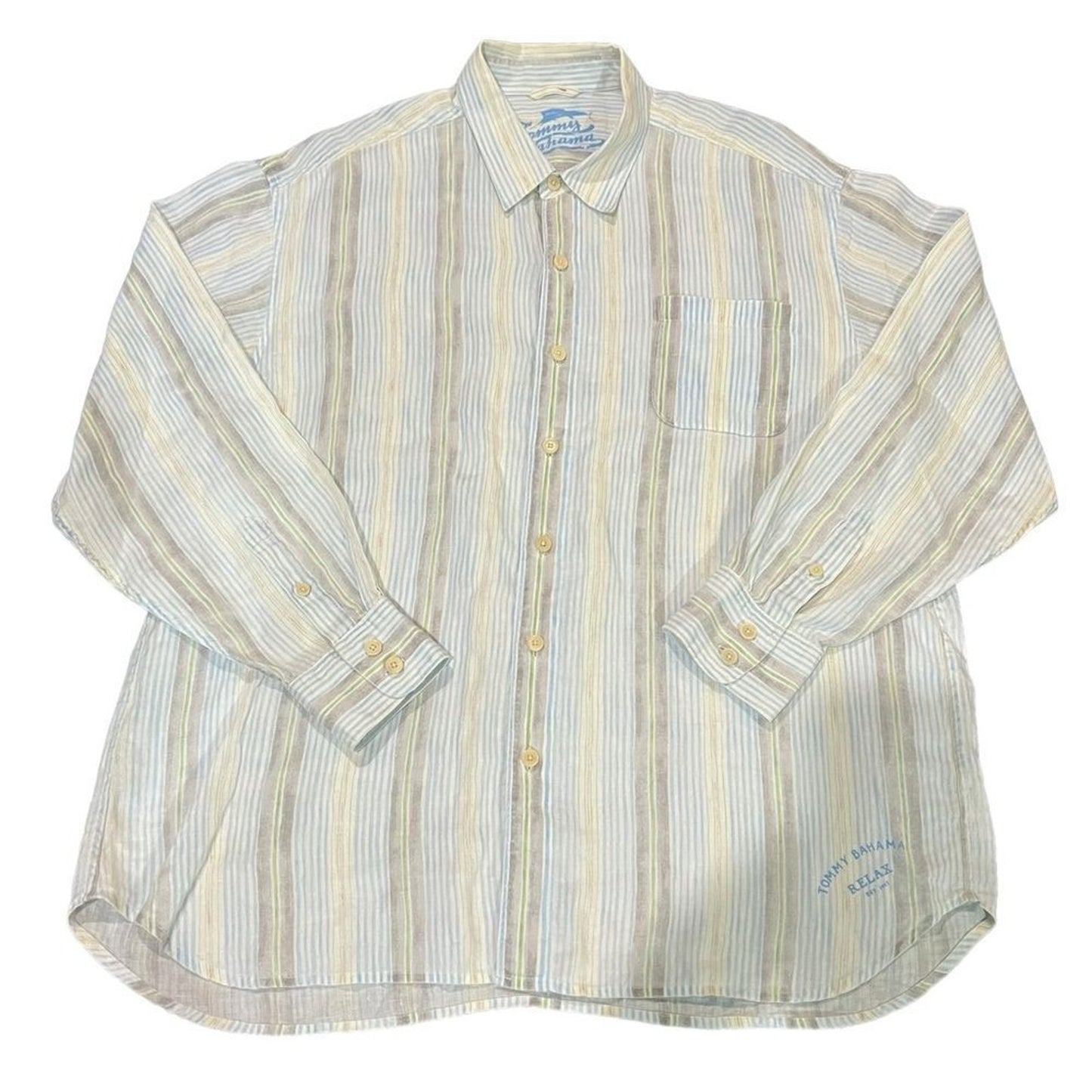Tommy Bahama Shirt Mens 2XL Beige Striped Button-Up Long Sleeve Pocket