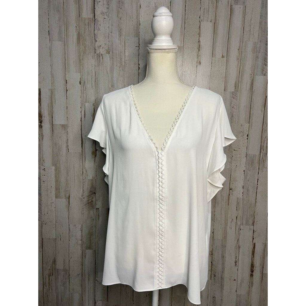 NWT WHBM Women's White Flutter-Sleeve Scallop-Trim Blouse Size XL Casual Spring