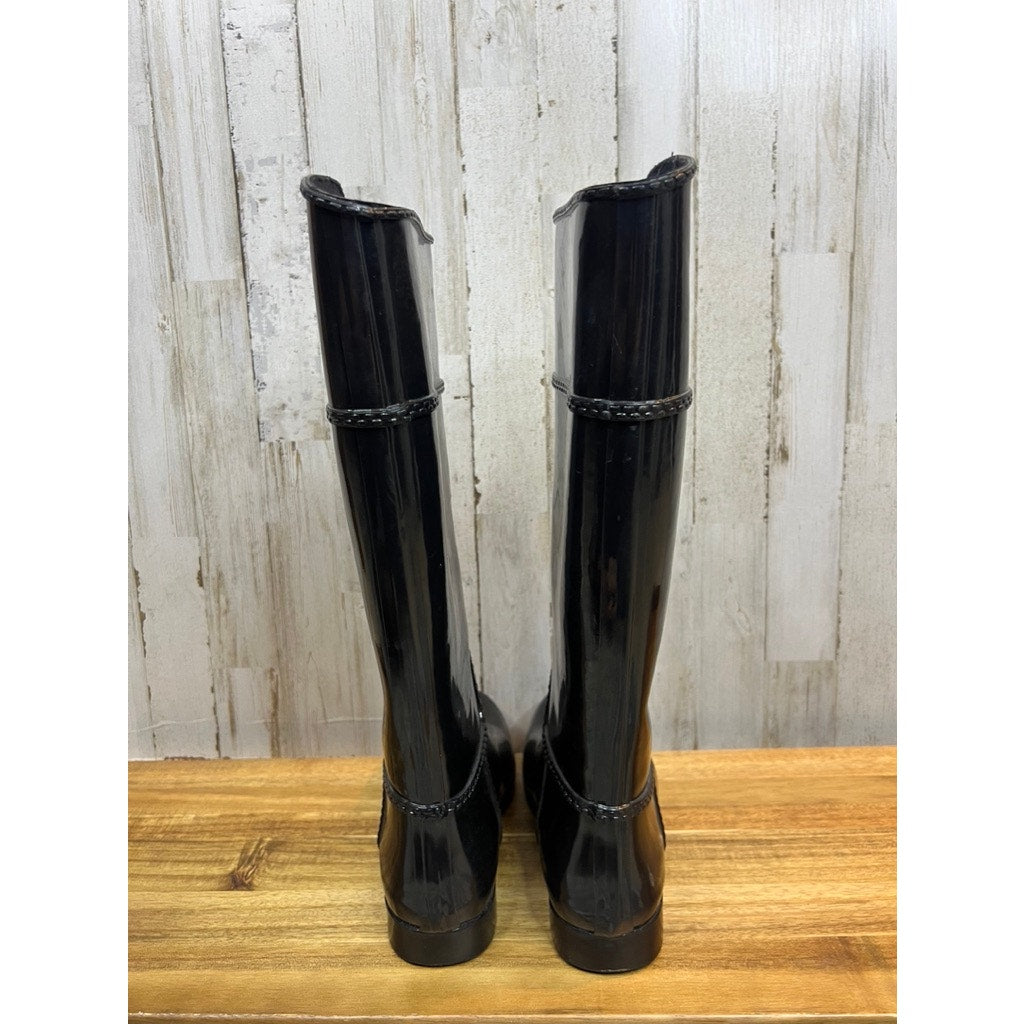 Michael Kors Women's Shiny Black Knee-High Rain Boots with Gold MK Logo Size 6