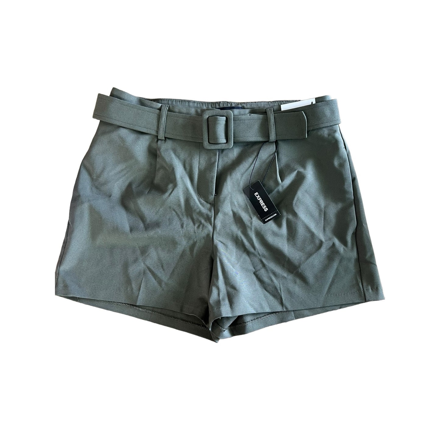 NWT Express Women’s 4 Olive Green Shortie High-Rise Paperbag Belted Shorts